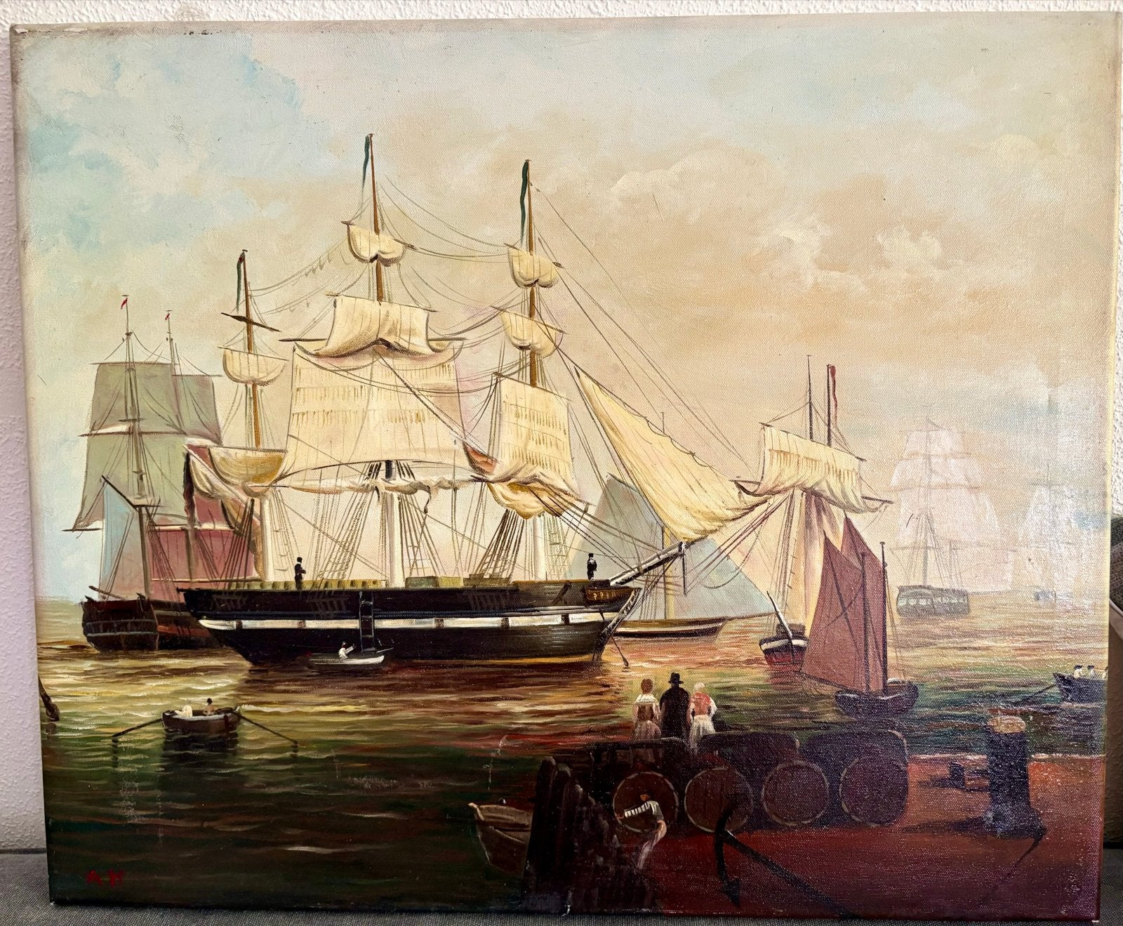 Maritiem schilderij van zeilschepen op zee, gesigneerd., Antiek en Kunst, Kunst | Schilderijen | Klassiek, Ophalen, Maritiem / water