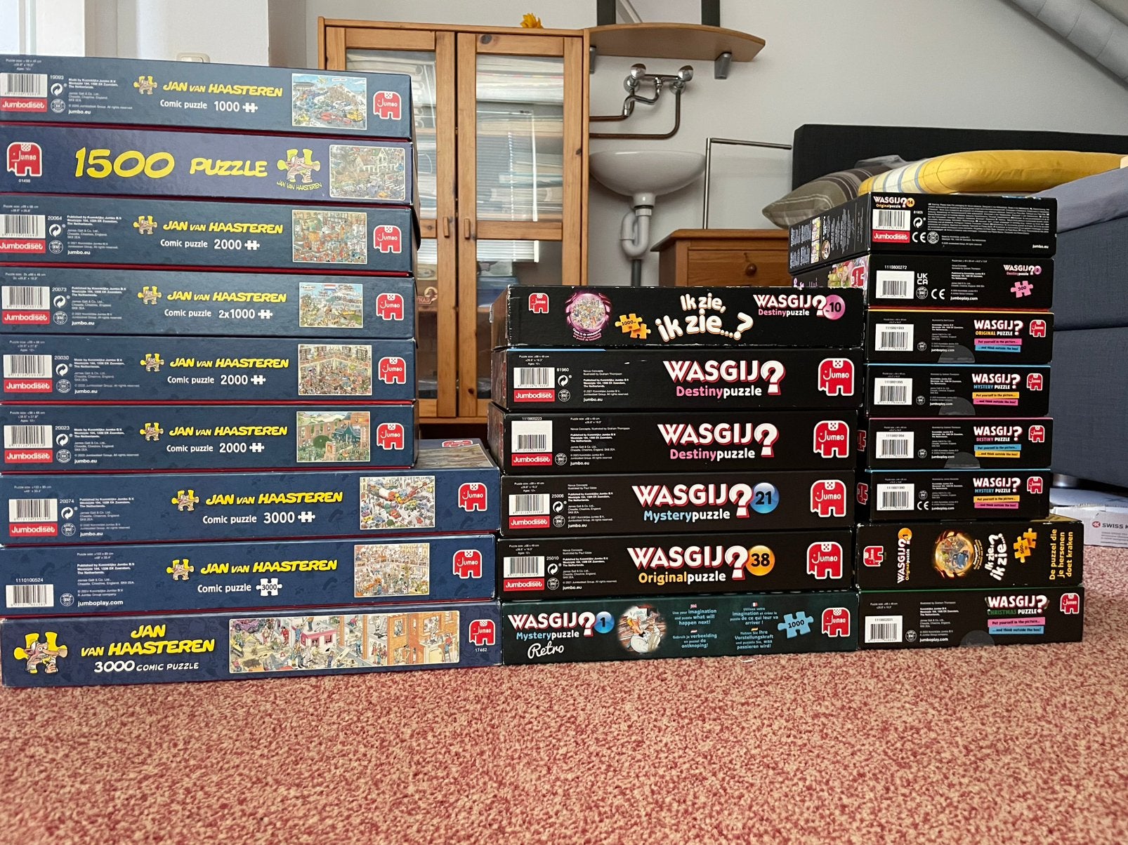 20 Wasgij en Jan v Haasteren puzzels €140,00, Ophalen, Minder dan 500 stukjes, Zo goed als nieuw