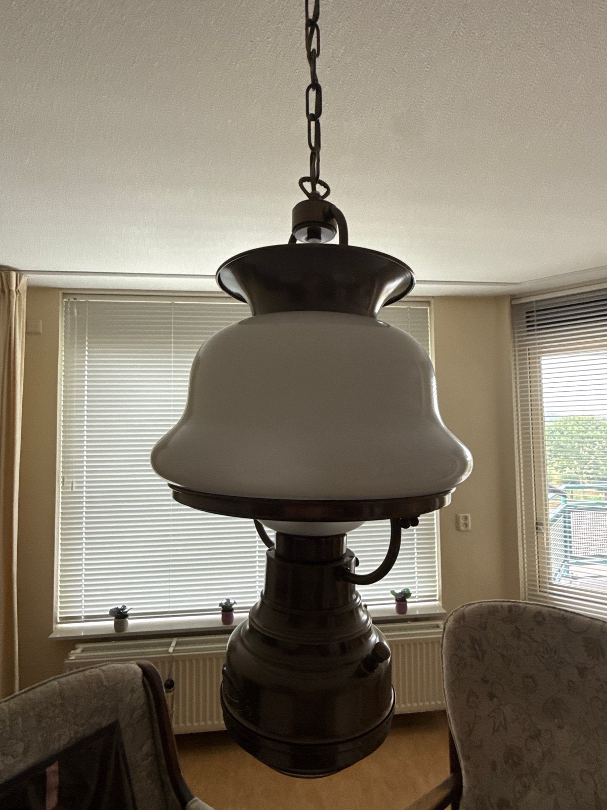 Antieke Olie Lamp Stijl Hanglamp - Brons & Opaalglas, Ophalen