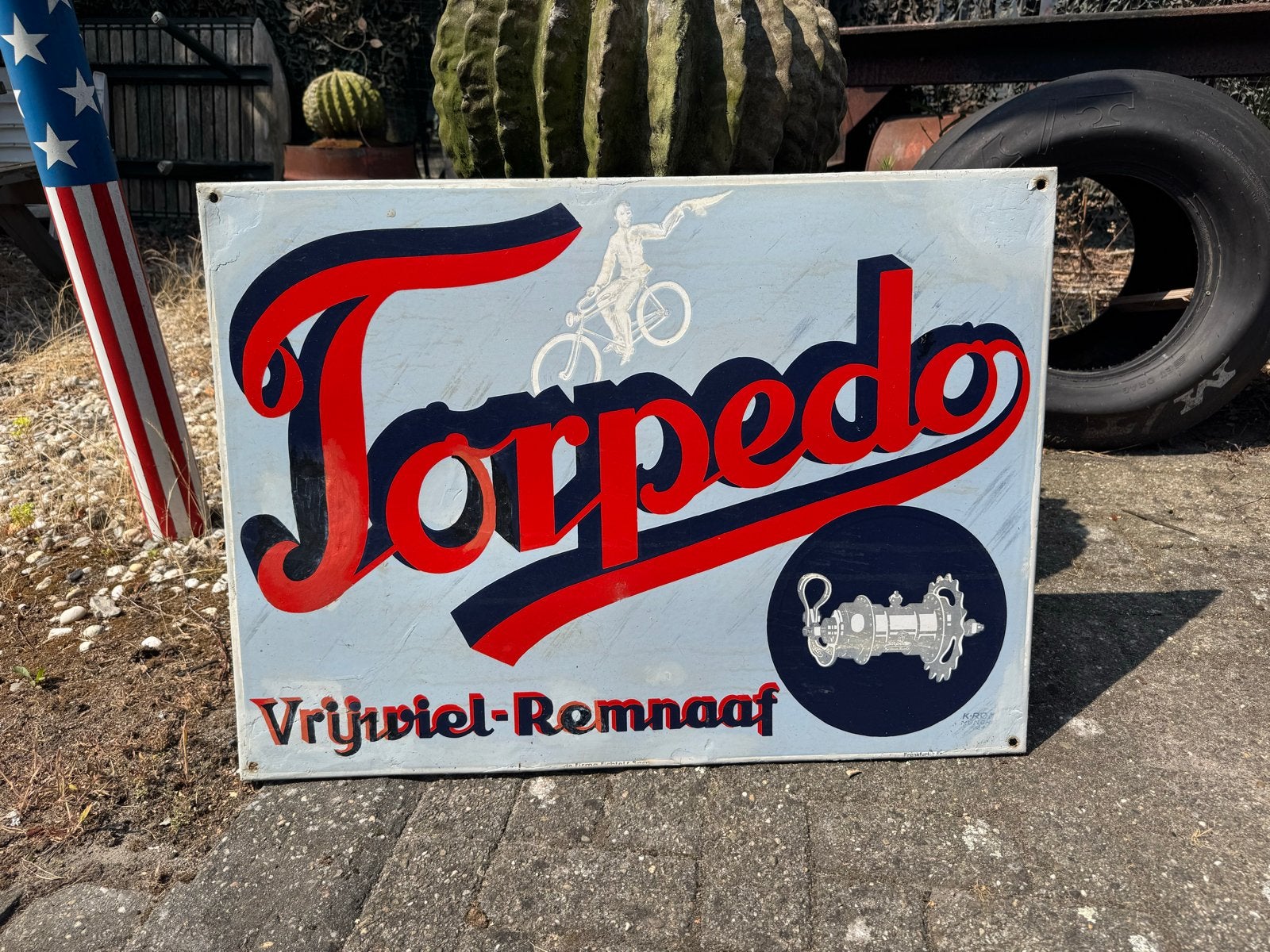 Vintage Torpedo Vrijwiel-Remnaaf Emaille Reclamebord, Ophalen, Reclamebord, Gebruikt, .