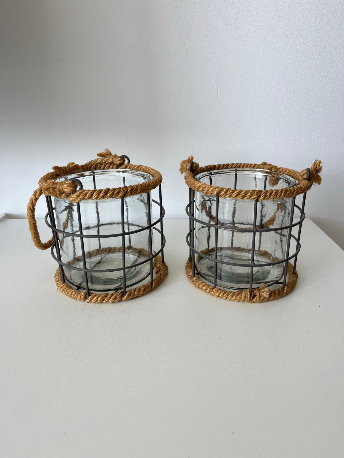 Set van 2 windlichten met touw en metaal, Windlicht, Meerkleurig, Ophalen of Verzenden, Zo goed als nieuw
