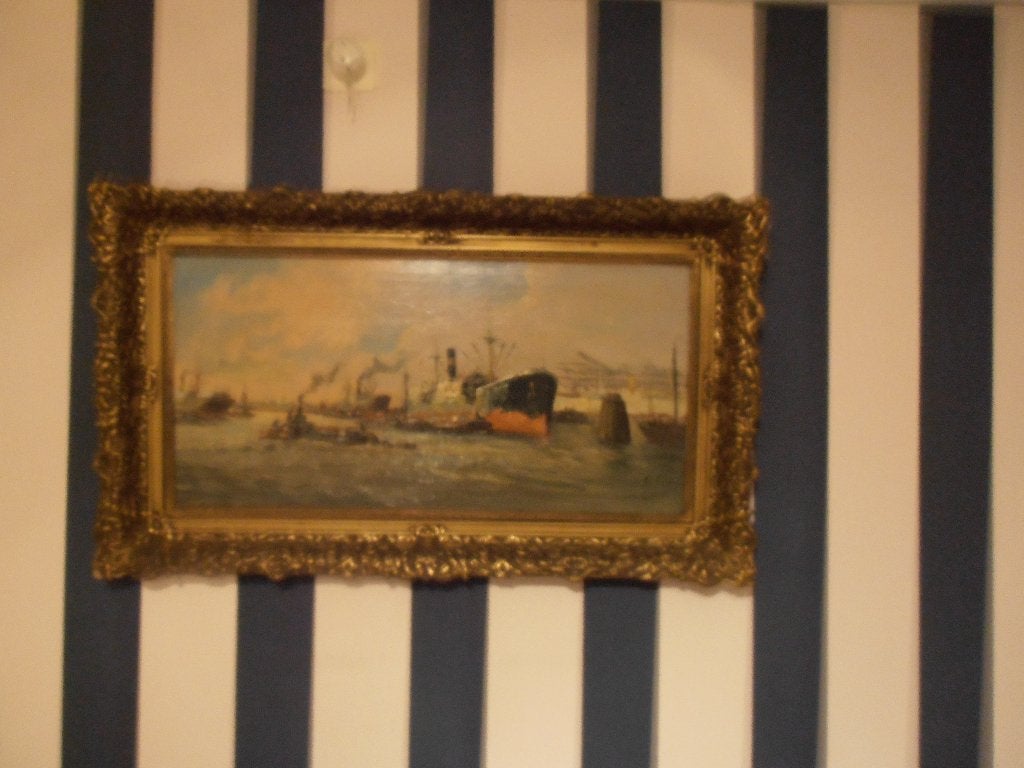 schilderij van de rotterdamse haven, Antiek en Kunst, Ophalen, Bijzondere lijst, Maritiem / water, Doek