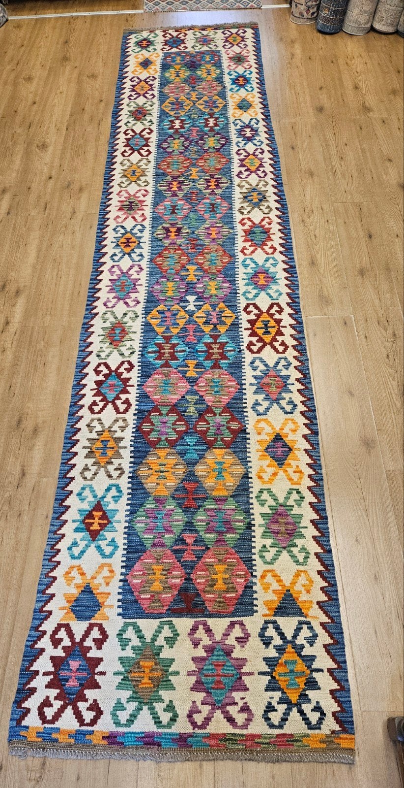 Handgeweven oosterse wollen kelim loper 400x90, Info@SlatsAntiek.nl, Crème, Vof Slats Antiek, Kelim