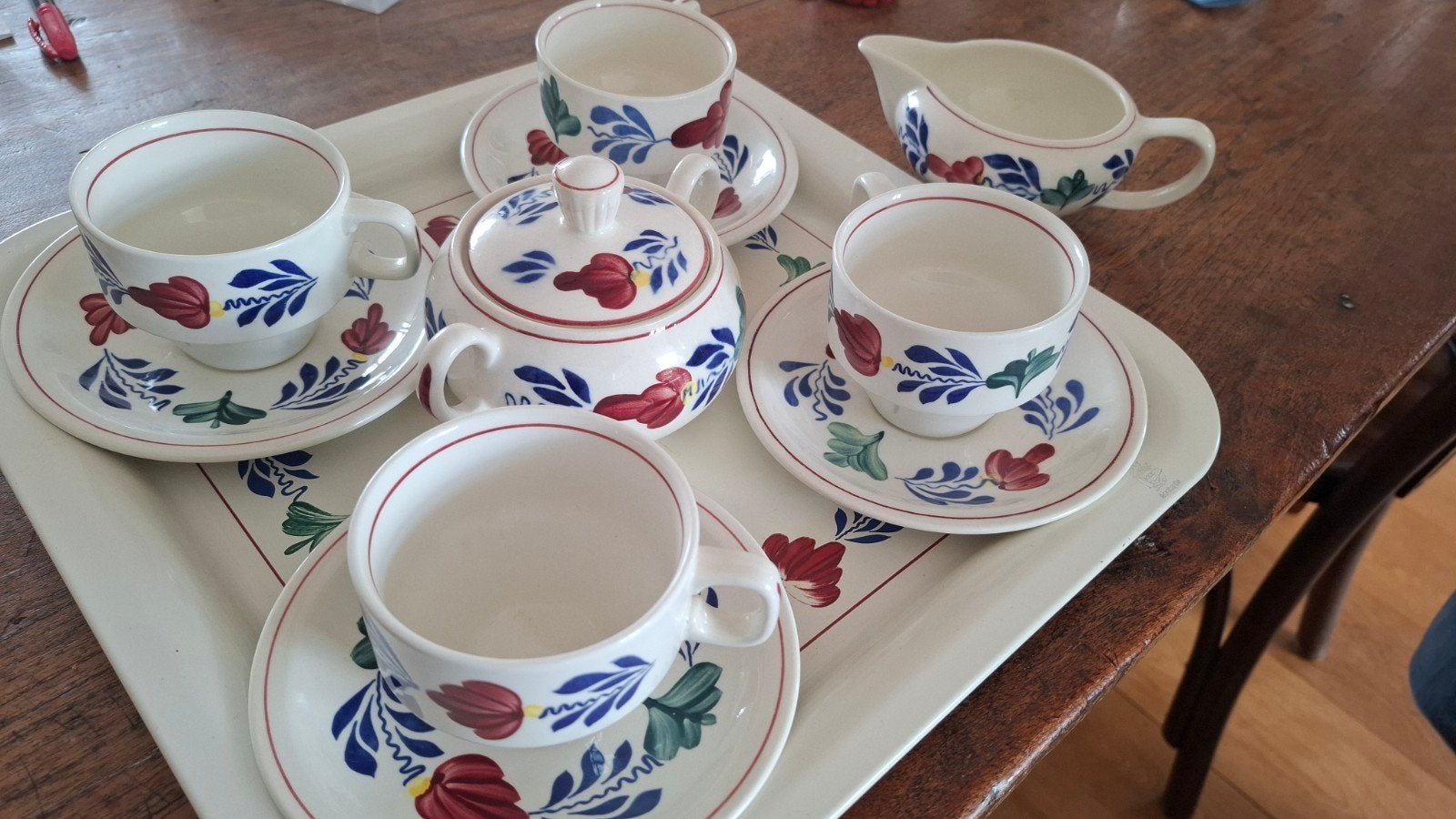 Vintage boerenbont koffie servies voor 4 personen, Ophalen of Verzenden