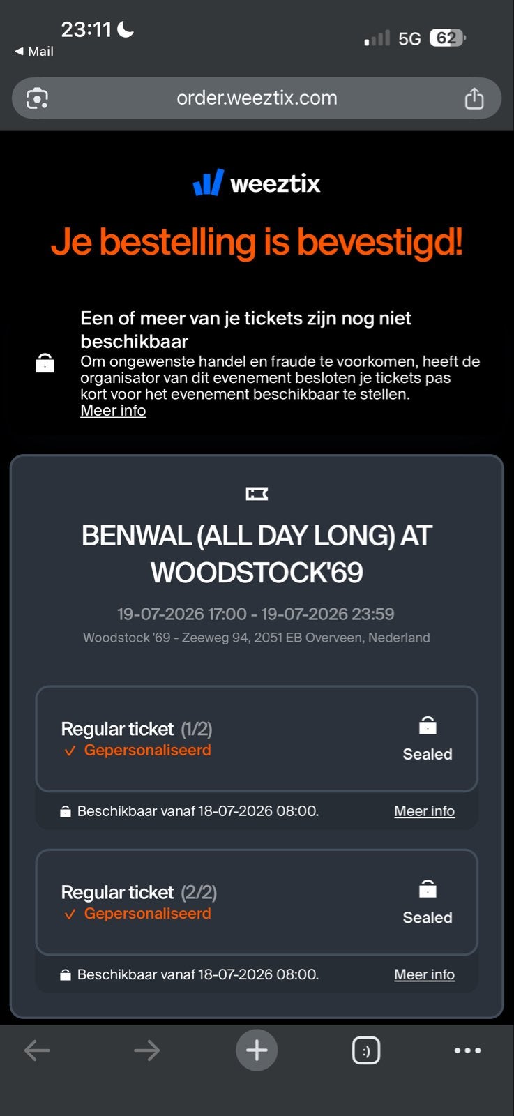 Benwal @ woodstock, 2 tickets., Twee personen