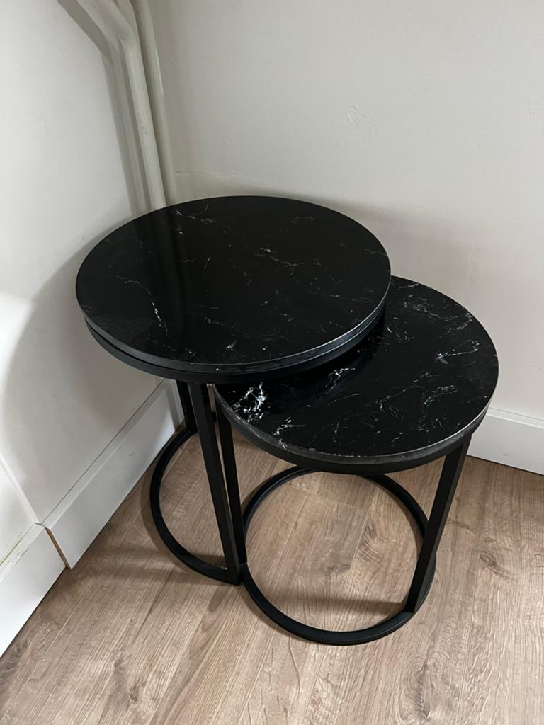 Set zwarte marmerlook bijzettafels, Huis en Inrichting, Tafels | Salontafels, Ophalen, Rond, 50 tot 100 cm, Zo goed als nieuw
