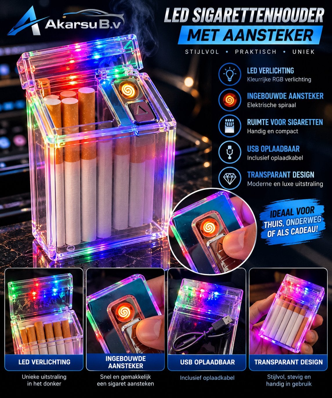 LED Sigarettenhouder met Elektrische Aansteker & RGB LED, Ophalen, Zo goed als nieuw, Aansteker