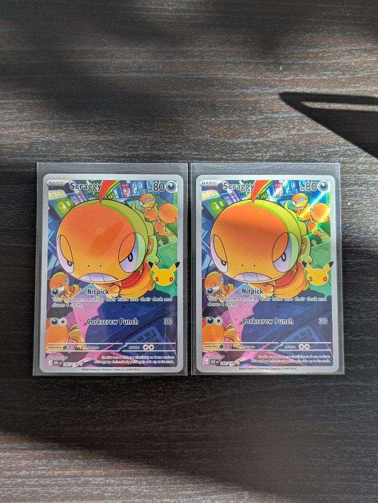2x Scraggy 30C 140/120 Celebrations Pokémon Kaart, Ophalen of Verzenden, Zo goed als nieuw, Losse kaart