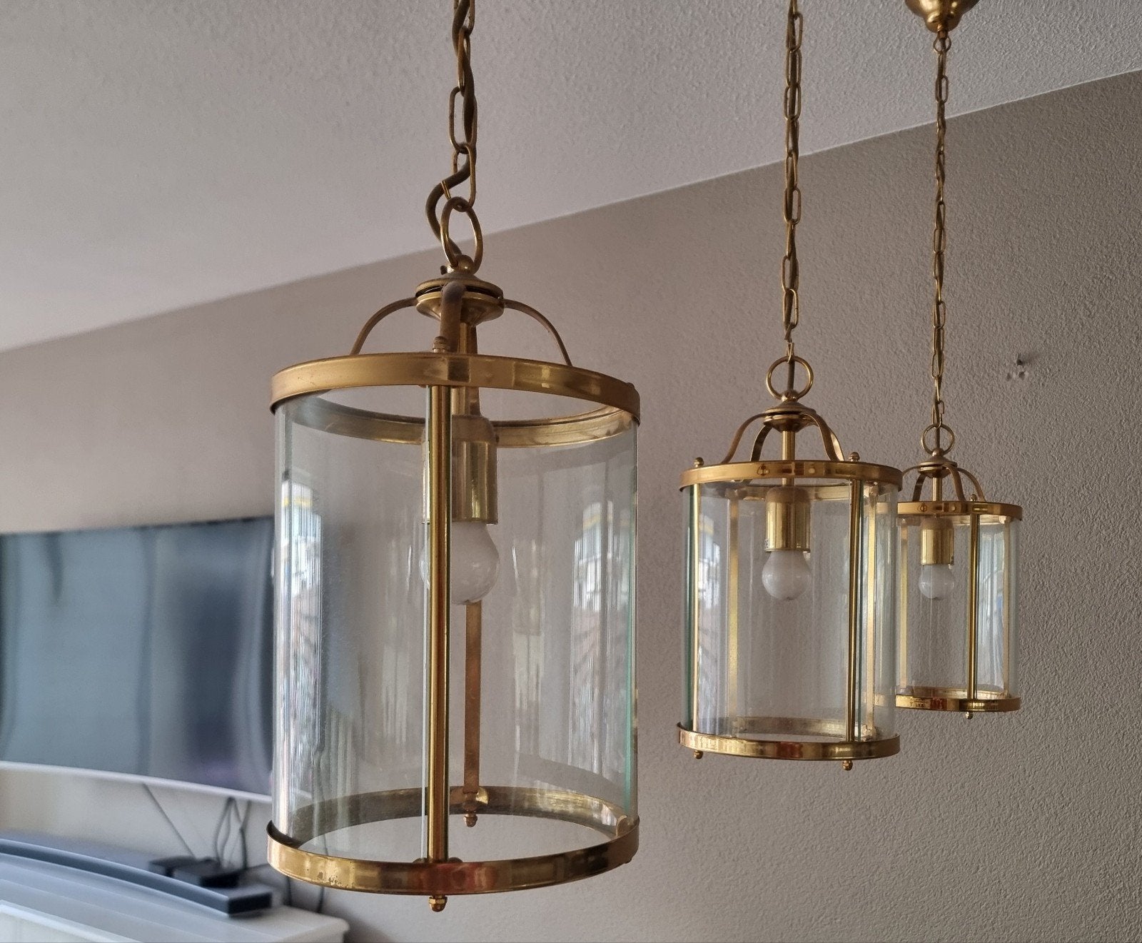 Set van 3 messing hanglampen met glazen cilinders, Gebruikt, Glas, Klassiek, Vintage, Industrieel, E27 (groot)
