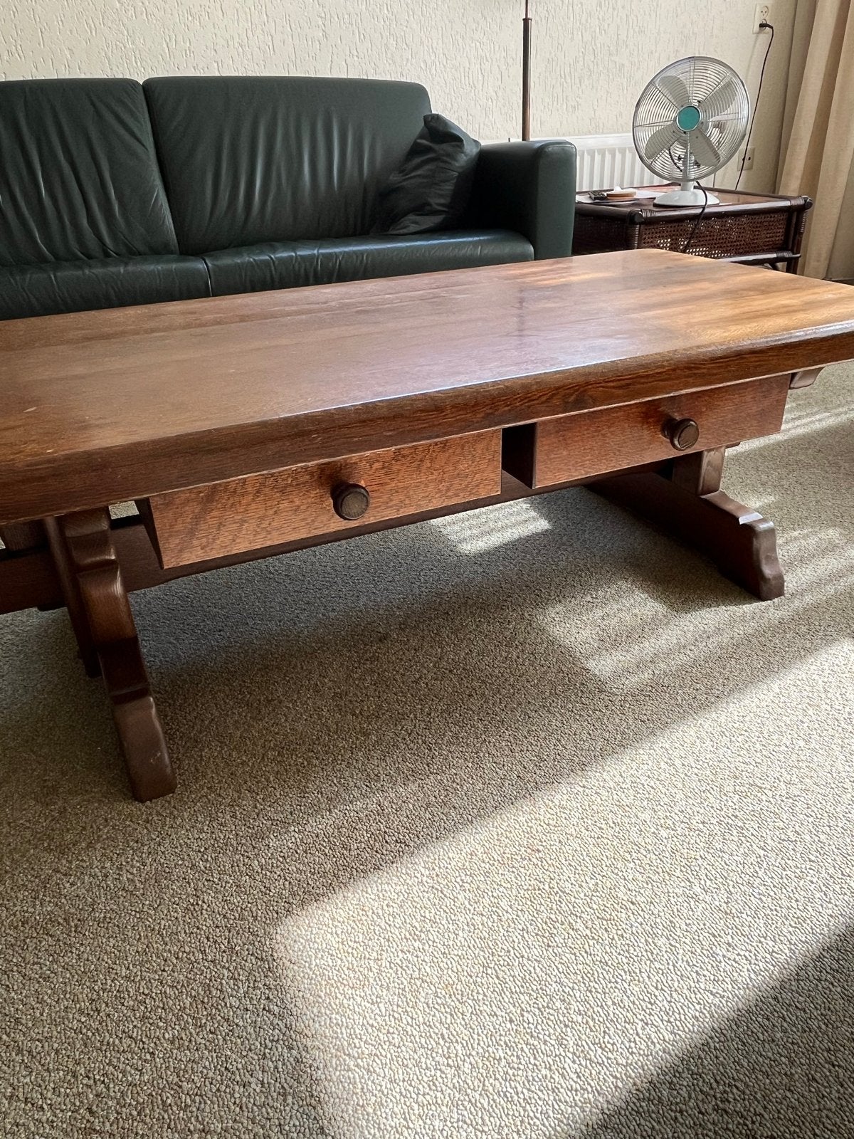 Eiken salontafel met lades, Ophalen, Gebruikt, 100 tot 150 cm, Eikenhout