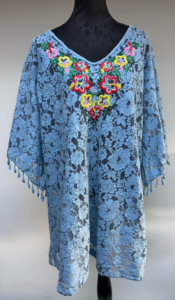 Superleuke blauwe ibizastyle tuniek van kant/bloemen 48/50, Kleding | Dames, Grote Maten, Ophalen of Verzenden, Zo goed als nieuw