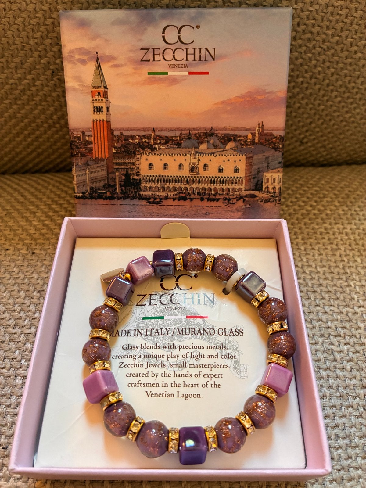 Zecchin Venezia Murano Glas Armband - Nieuw, Sieraden, Tassen en Uiterlijk, Armbanden, Ophalen of Verzenden, Nieuw, Paars, Overige materialen
