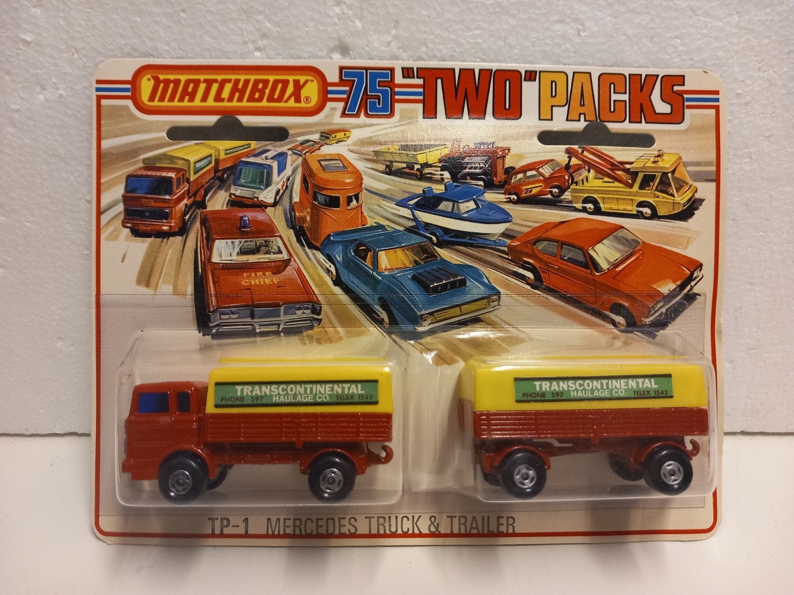 2-Pack Matchbox TP1 Mercedes Benz & Trailer 1975 3INCH, Ophalen of Verzenden, Zo goed als nieuw, Bus of Vrachtwagen