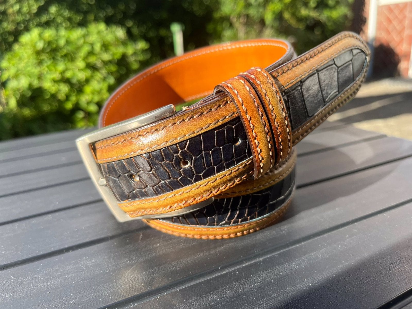 Harris leren riem bruin blauw crocoprint, Ophalen, 95 tot 105 cm, Overige kleuren, Echt leder