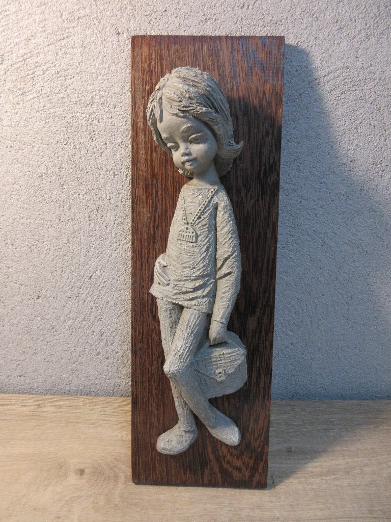 Vintage 3D schilderij beeldje meisje met tas op houten plaat, Ophalen of Verzenden, Overige typen