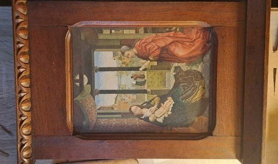 Klassiek schilderij: Maria met kind en engel (print), Paneel, Portret of Personen, Ophalen of Verzenden, Olieverf