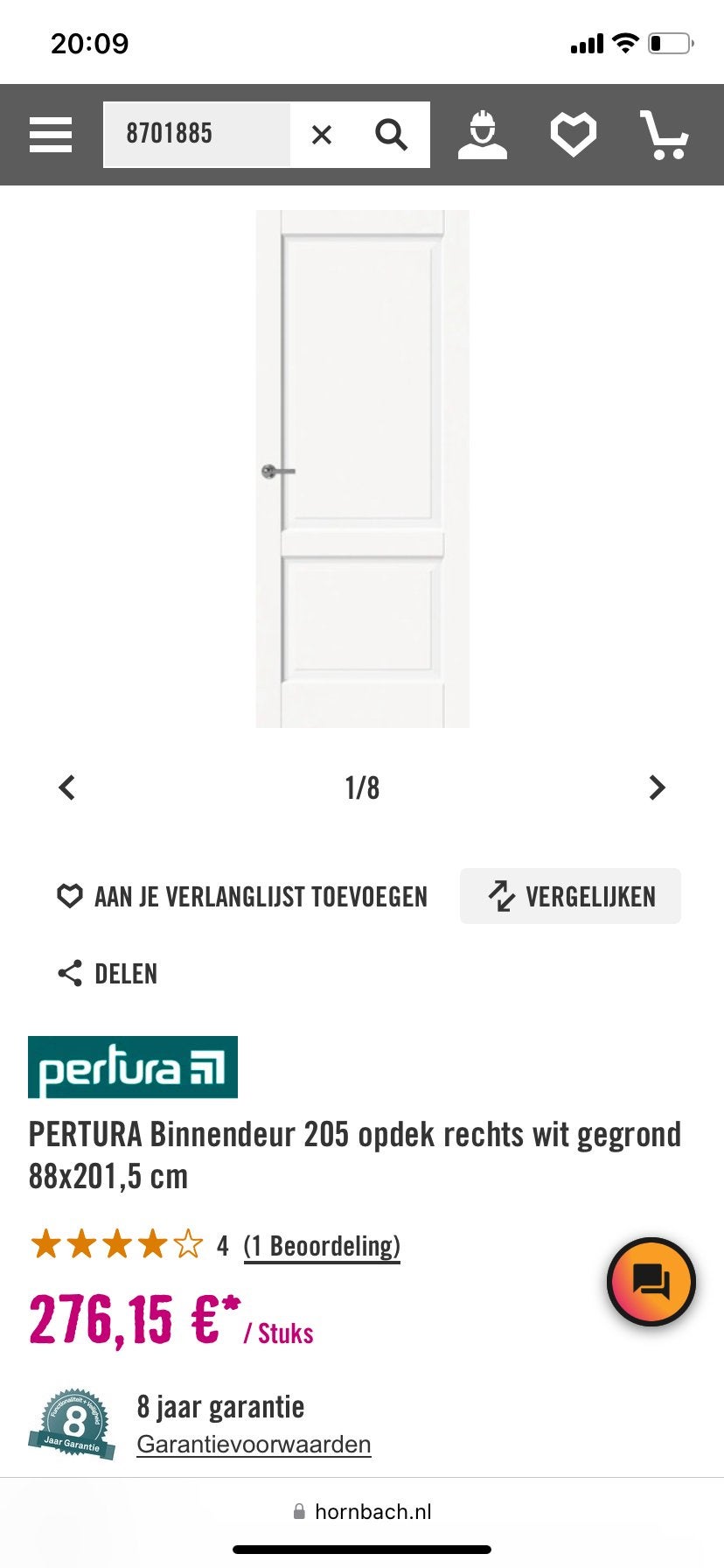 NIEUW PERLURA Binnendeur 205 opdek rechts wit 88x201,5 cm, Ophalen, 80 tot 100 cm, Binnendeur, Nieuw