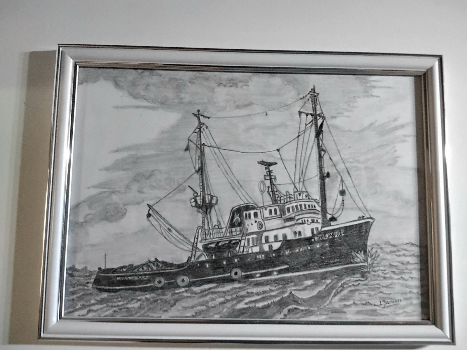 Ingelijste potloodtekening van sleepboot Smit Jakarta, Ophalen
