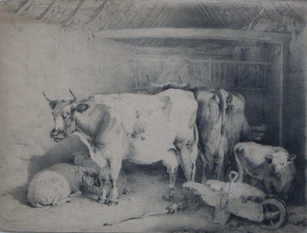 Thomas Sidney Cooper litho "Koeien en Schapen Samen in Stal", Ophalen