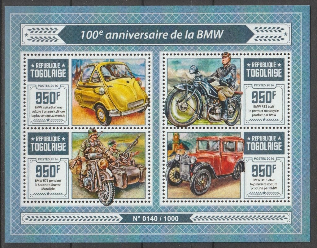 MOTOREN-BMW e.a.  = Mooi bl. v4st TOGOLAISE-040, Postzegels en Munten, Verzenden, Postfris, Overige thema's