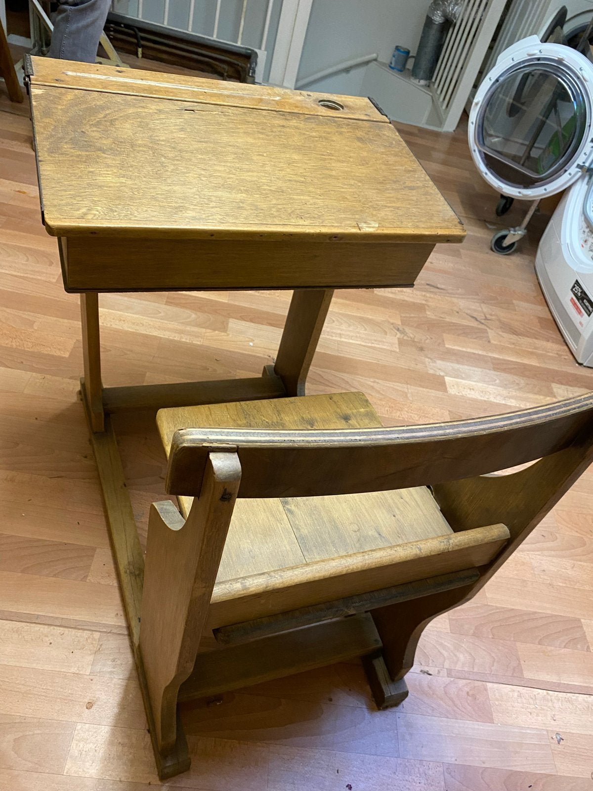 Vintage houten schoolbankje met stoel, Ophalen