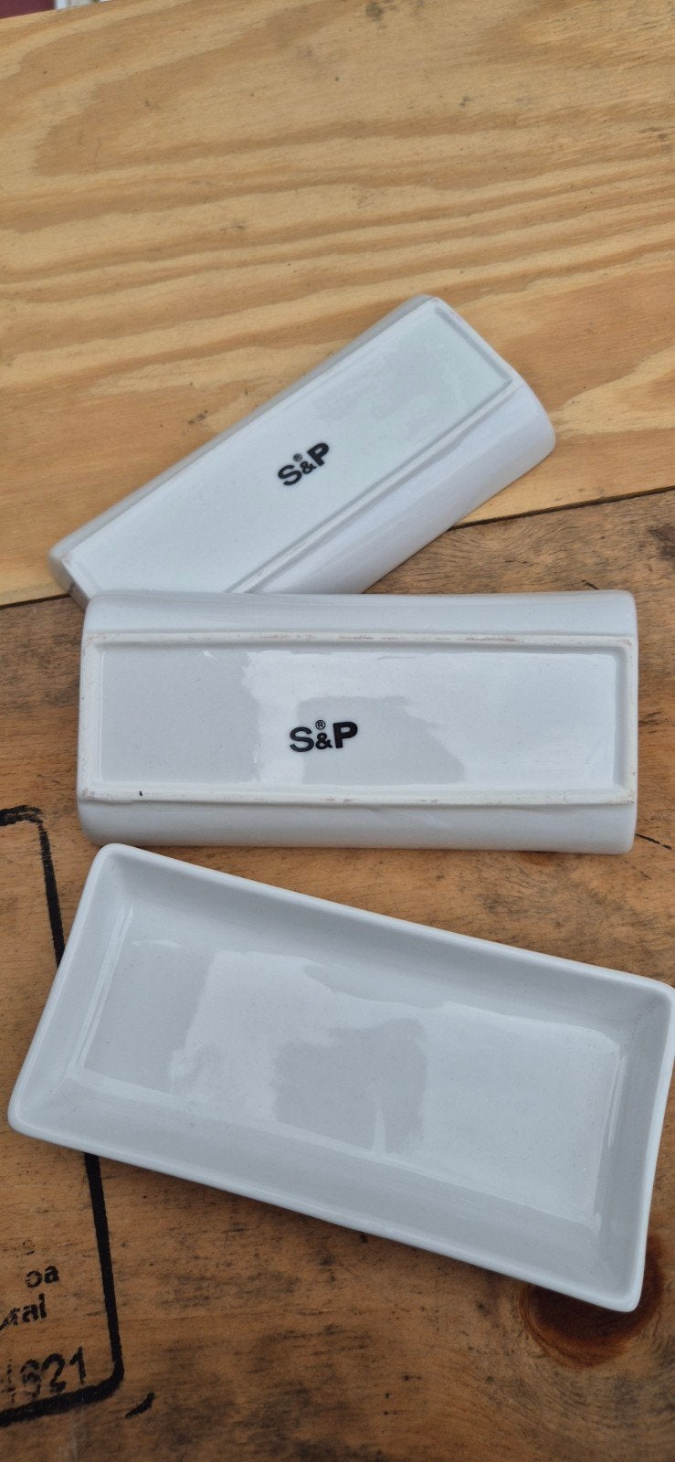 Drie witte S&P schaaltjes, Gebruikt, Overige merken, Keramiek, Ophalen of Verzenden