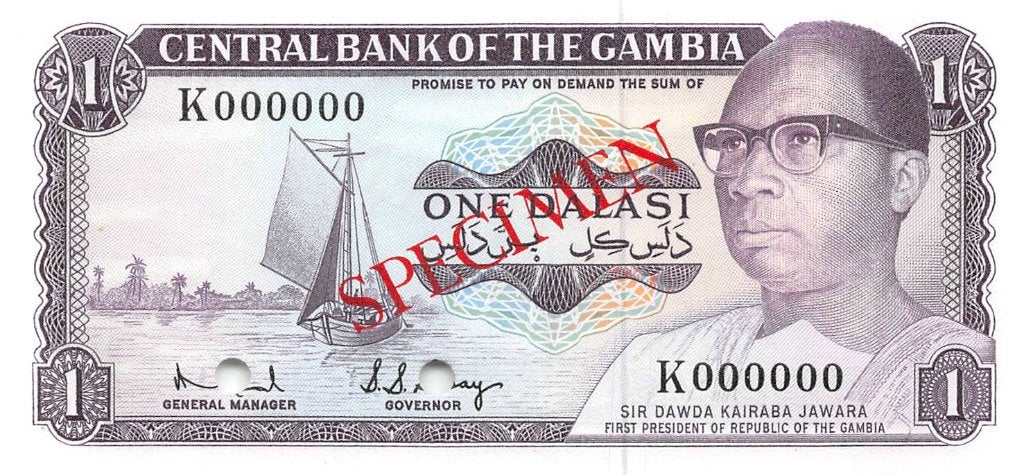 Gambia 1 Dalasi 1971 Unc Specimen pn 4es, Ophalen of Verzenden, Overige landen, Los biljet