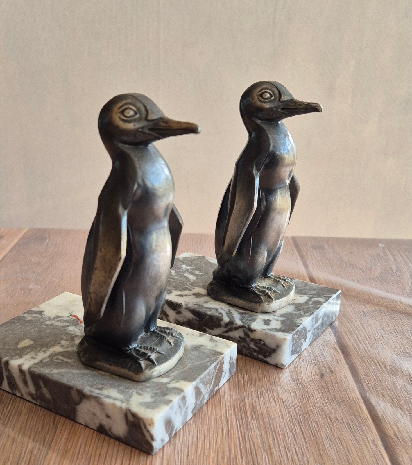 Vintage Pinguïn Boekensteunen - Spelter op Marmeren Voet, Ophalen of Verzenden