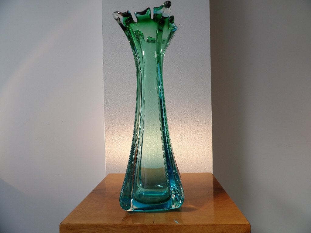 Murano Sixties hoge Vaas blauw/groen, Ophalen of Verzenden