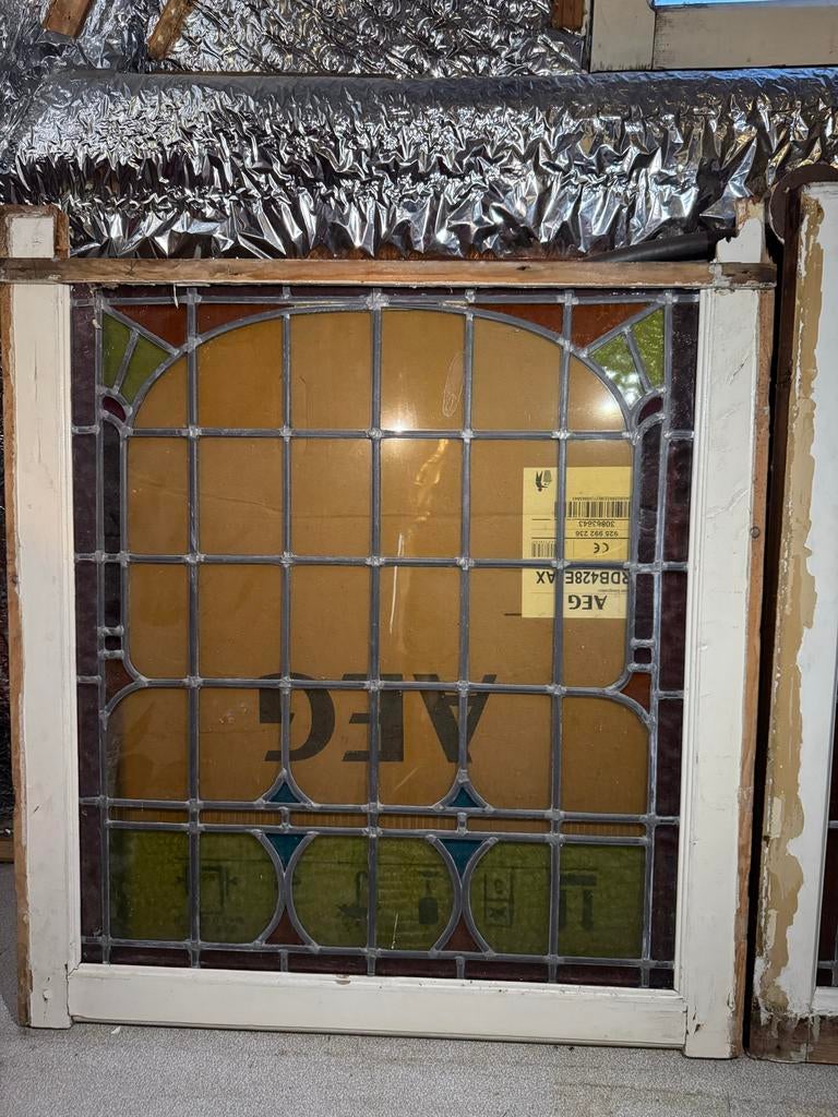 Antiek glas in lood raam met houten kozijn, Doe-het-zelf en Verbouw, Glas en Ramen, Ophalen, Gevelraam of Ruit, Gebruikt, Minder dan 80 cm