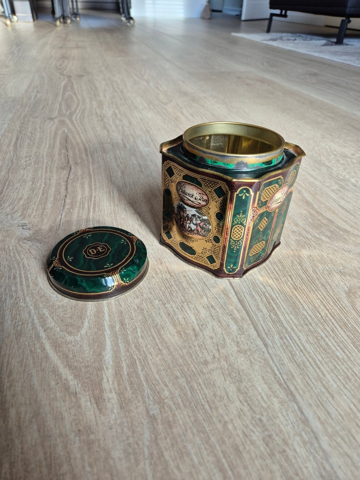 Vintage Douwe Egberts Pickwick Theeblik - Groen/Goud, Antiek en Kunst, Ophalen of Verzenden