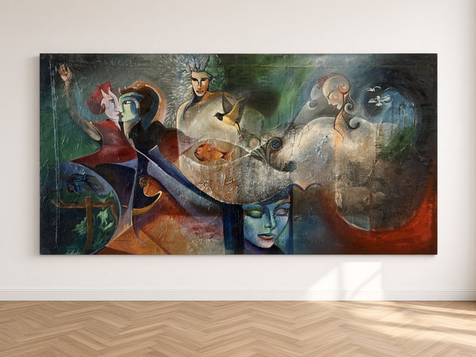 schilderij Moderne kunst op linnen doek - 220x110 cm, Figuren, Met textuur, Ophalen of Verzenden, Olieverf