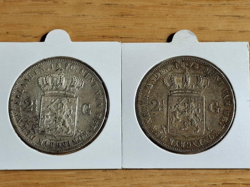 prachtige rijksdaalder 1870 en 1872 2,5 gulden willem 3 iii, Koning Willem III, Setje, Zilver, Ophalen of Verzenden