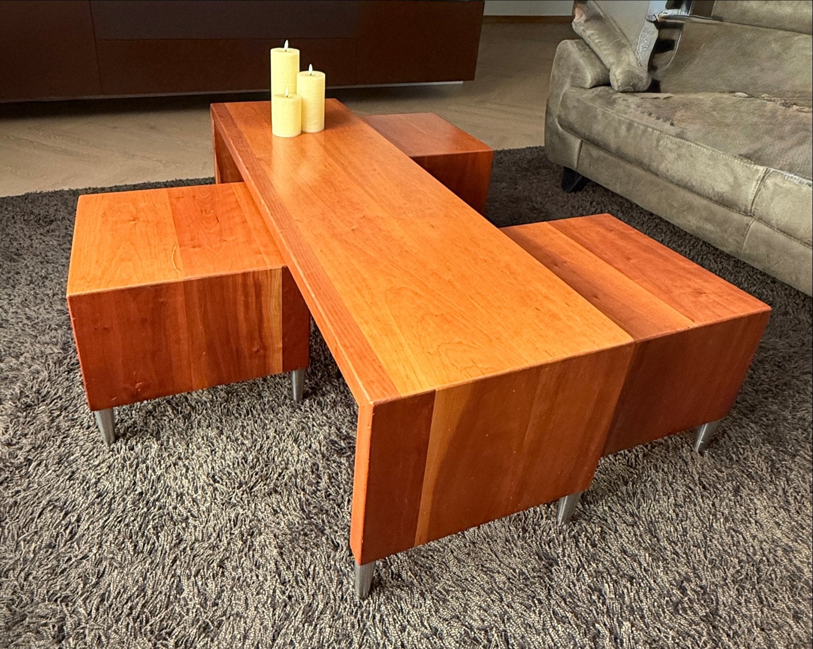Unieke Kersenhouten Salontafel Set, Handgemaakt, Huis en Inrichting, Tafels | Salontafels, Ophalen, Strak modern, Gebruikt, 100 tot 150 cm