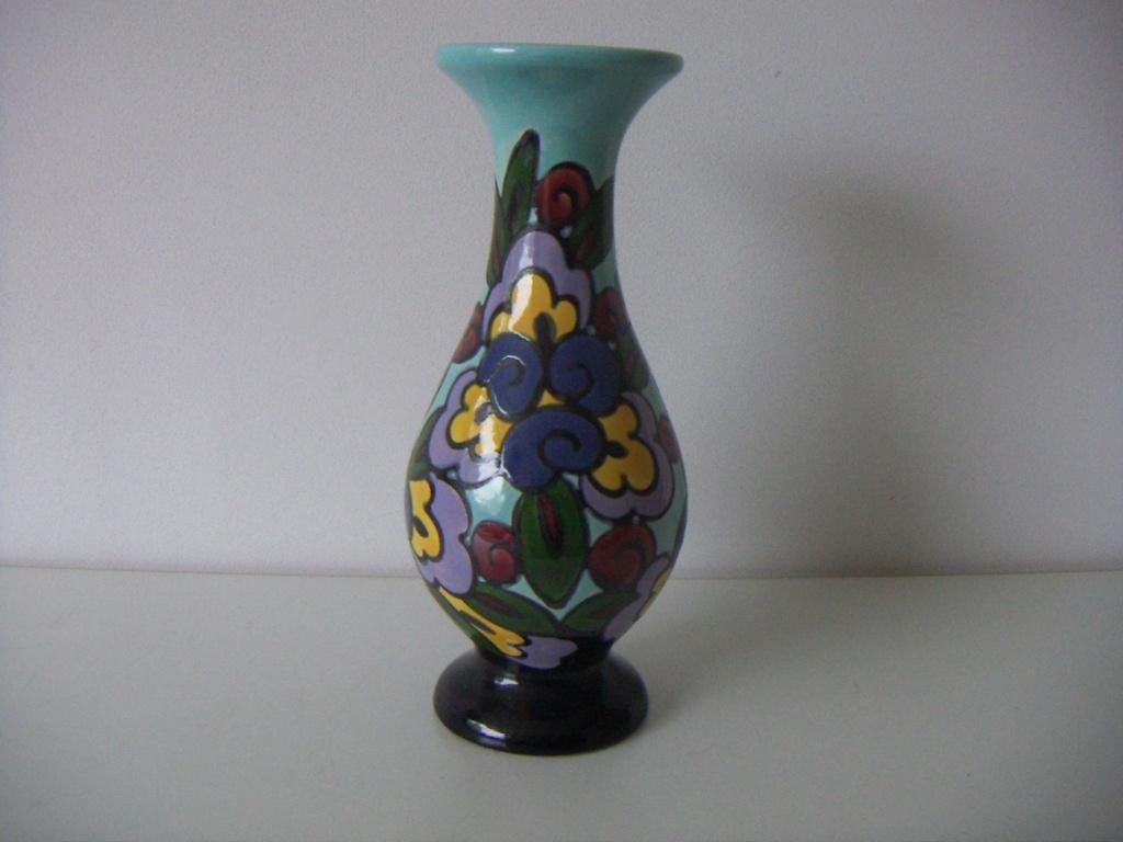 Dubois Bergen plateel keramiek kleurrijke vaas jr.ca.1935., Ophalen of Verzenden