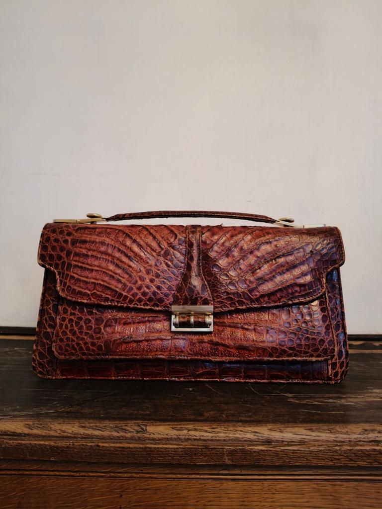 Vintage Krokodillenleren Handtas - Bruin, Ophalen of Verzenden, Gebruikt, Bruin, Handtas