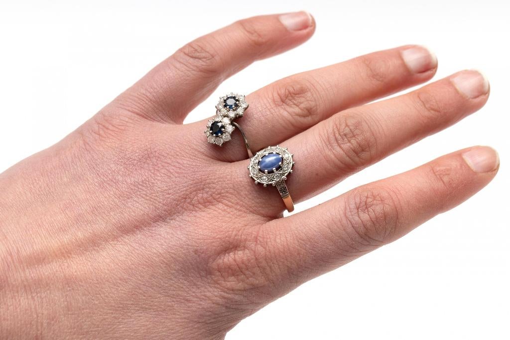 Diamanten saffier 18k gouden bloem dames ring briljant luxe, Voordeelsieraden, Verzenden, Zo goed als nieuw, 17 tot 18