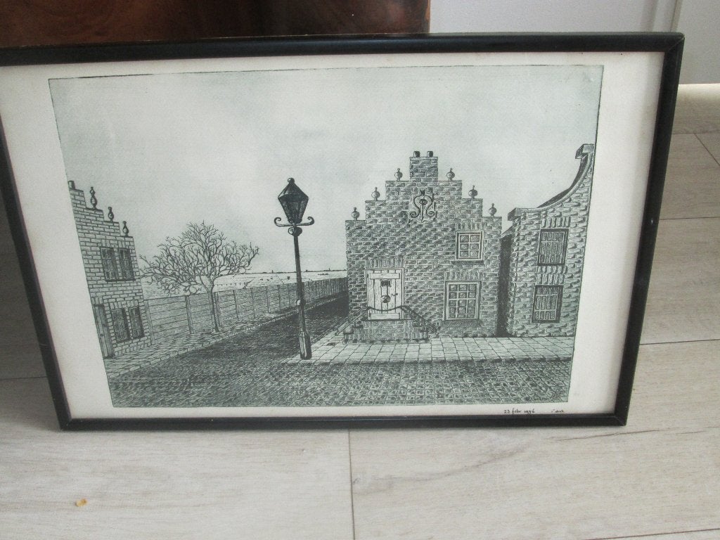 Ingelijste tekening van stadsgezicht, gedateerd 1976, Realistisch, Gedateerd, Ophalen of Verzenden, Tekening