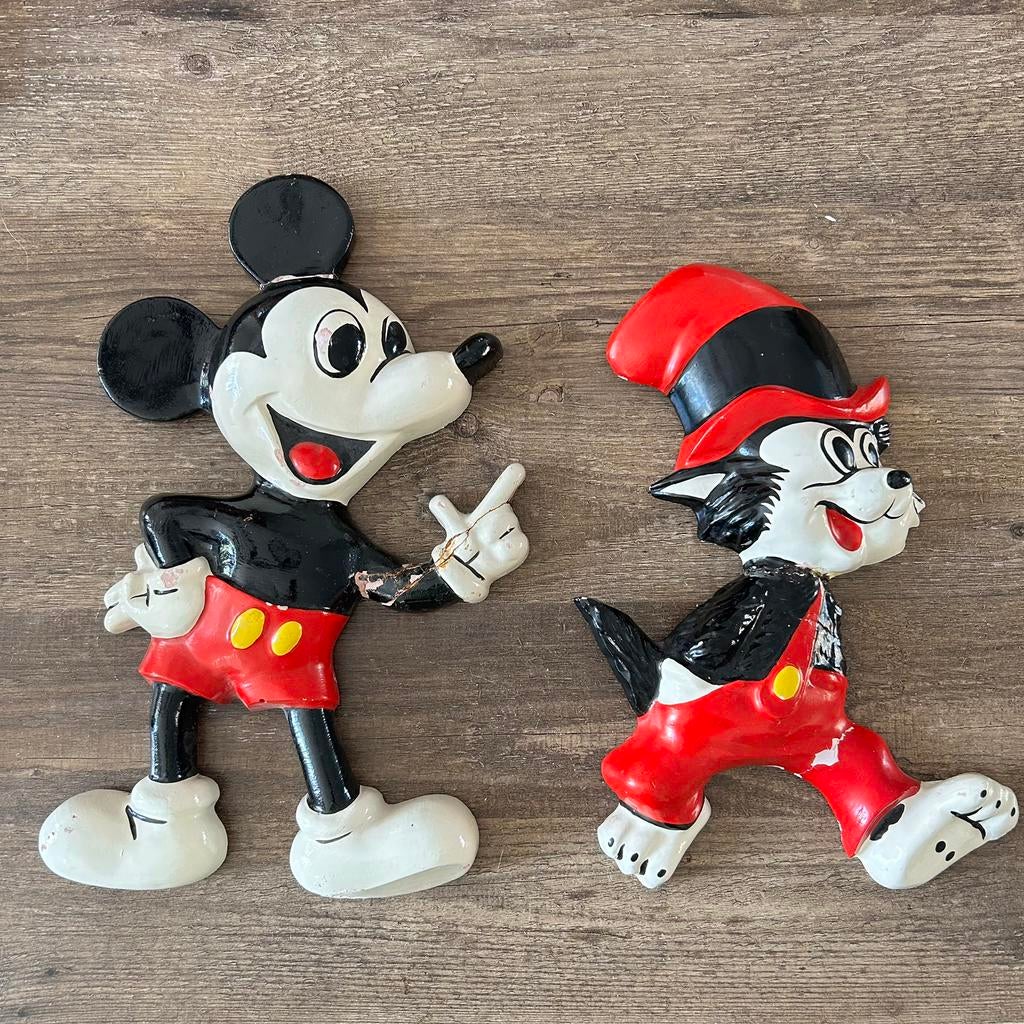 Set Vintage Disney – Mickey Mouse & Wolfje – Gips, Verzamelen, Disney, Ophalen of Verzenden, Mickey Mouse, Gebruikt, Beeldje of Figuurtje