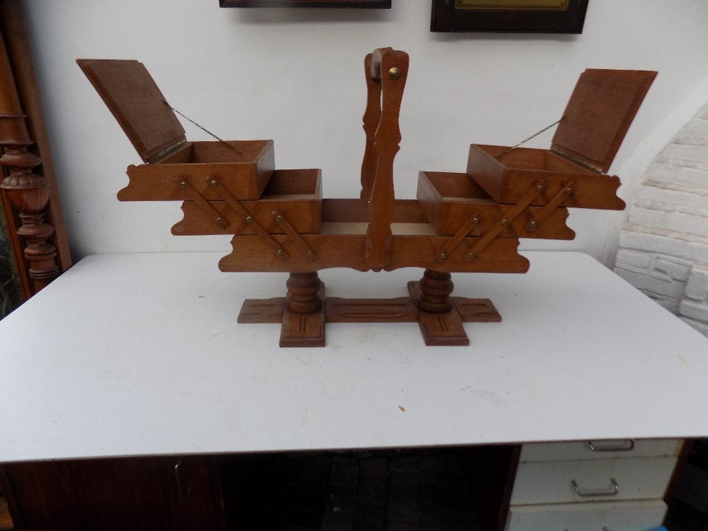 Vintage houten naaidoos uitklapbaar retro, Ophalen, Gebruikt, Hout