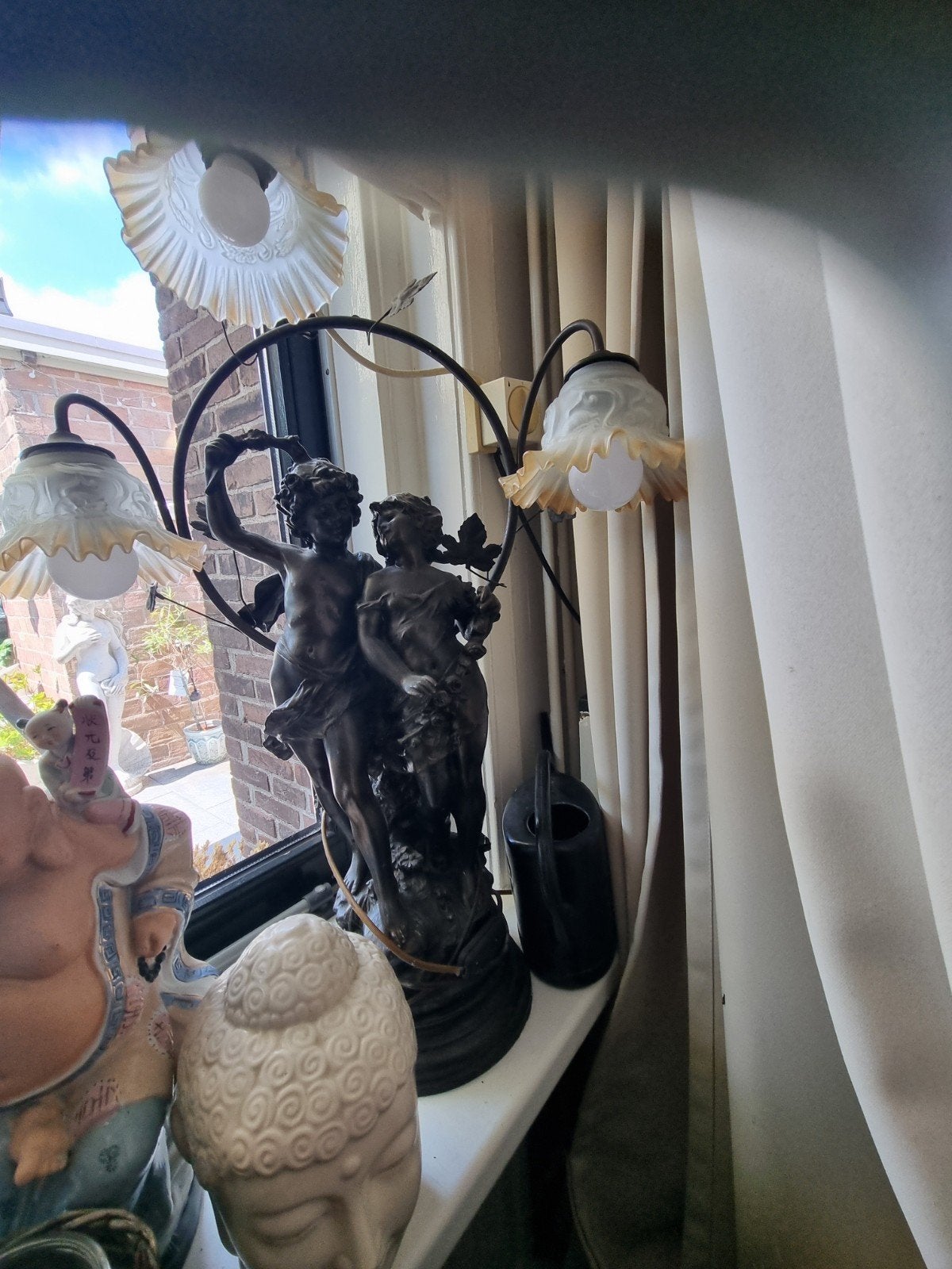 Antieke tafellamp met cherubijnen en glazen kappen, Antiek en Kunst, Ophalen of Verzenden