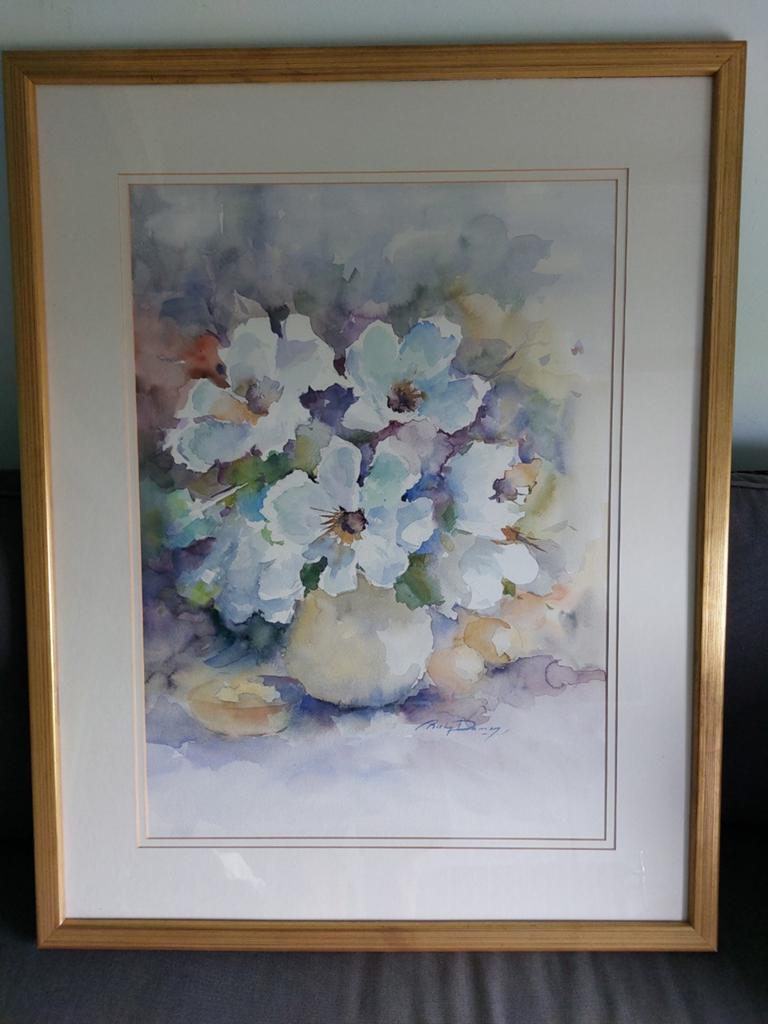 Prachtige originele aquarel van Ricky Damay - Witte bloemen, Ophalen