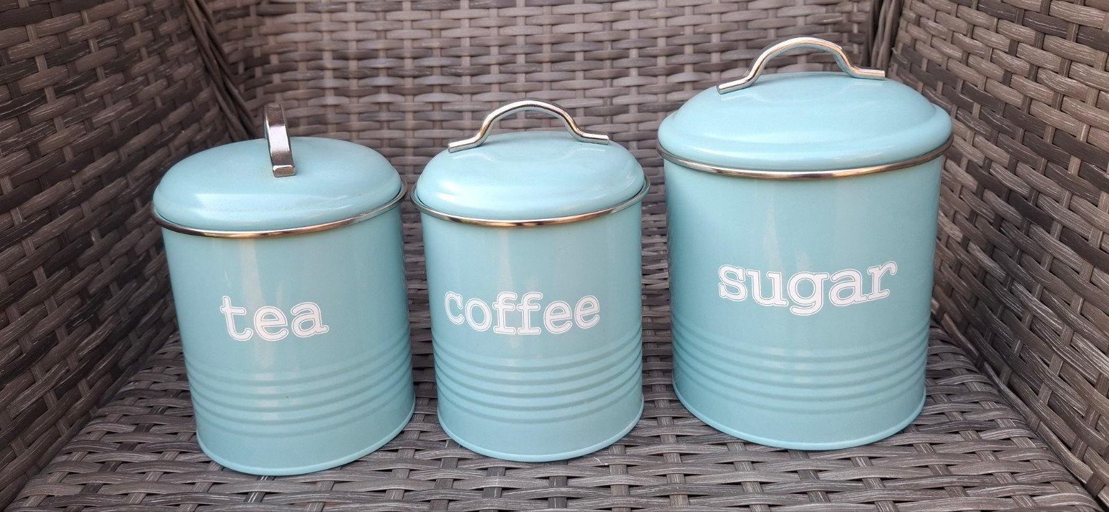 Set van 3 voorraadpotten: thee, koffie en suiker, Ophalen, Blauw, Zo goed als nieuw, Voorraadpot