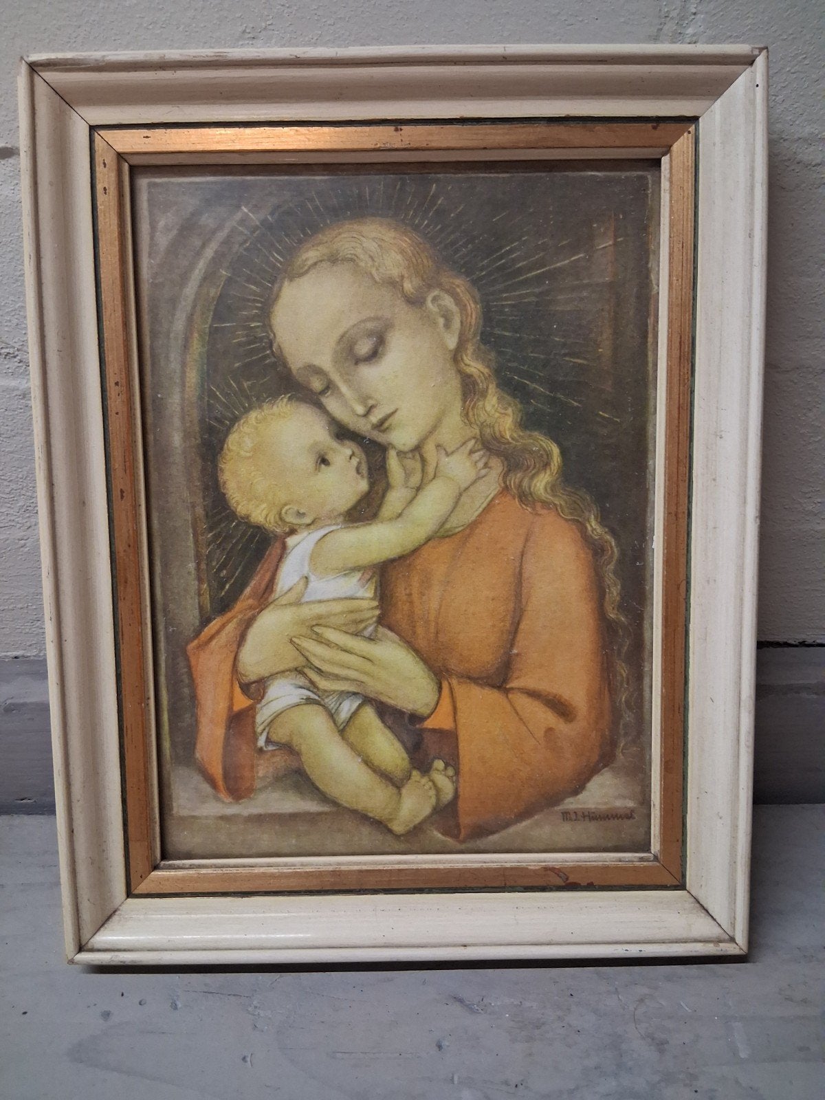 Vintage Madonna met kind  in houten  lijst, Ophalen of Verzenden