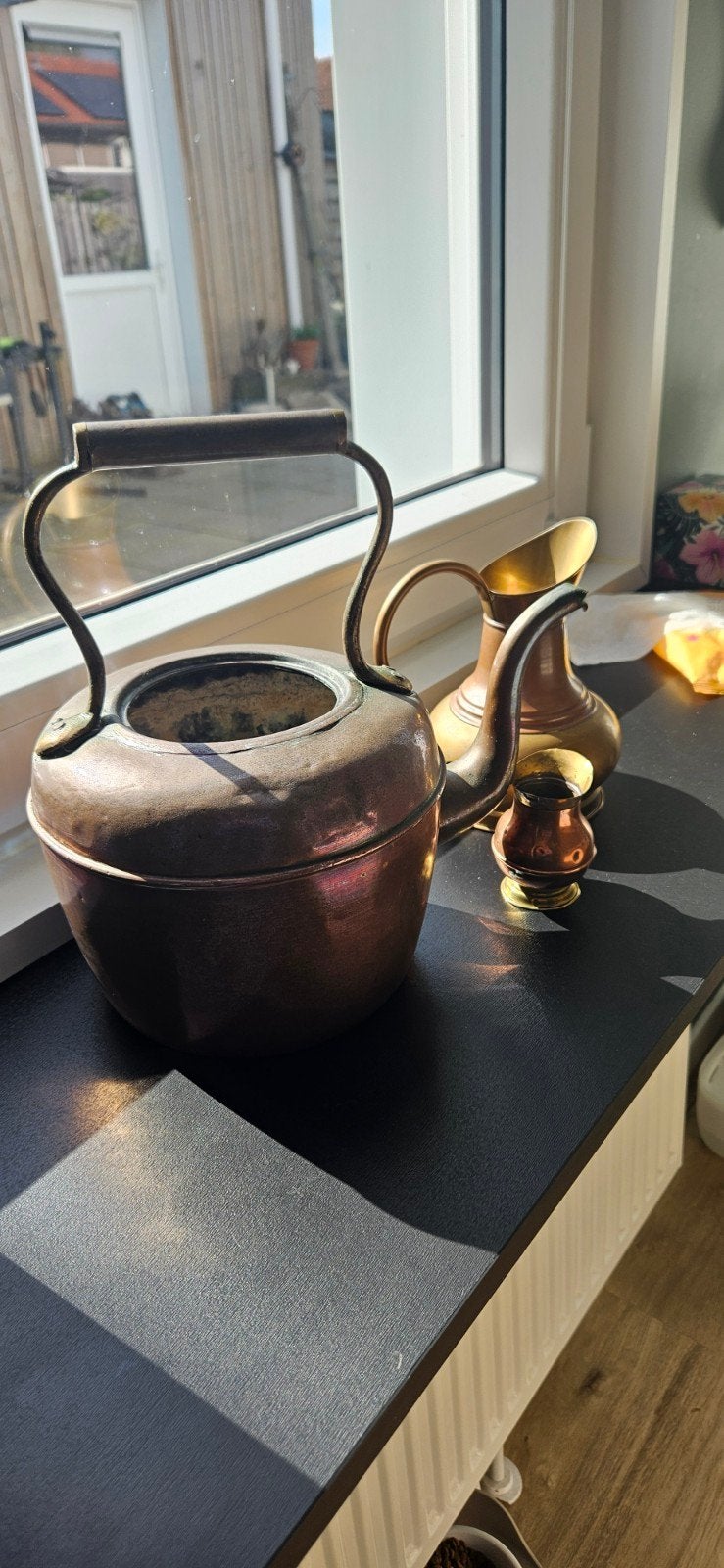 Antieke Koperen Ketel en Messing Kruikjes Set, Ophalen, Koper