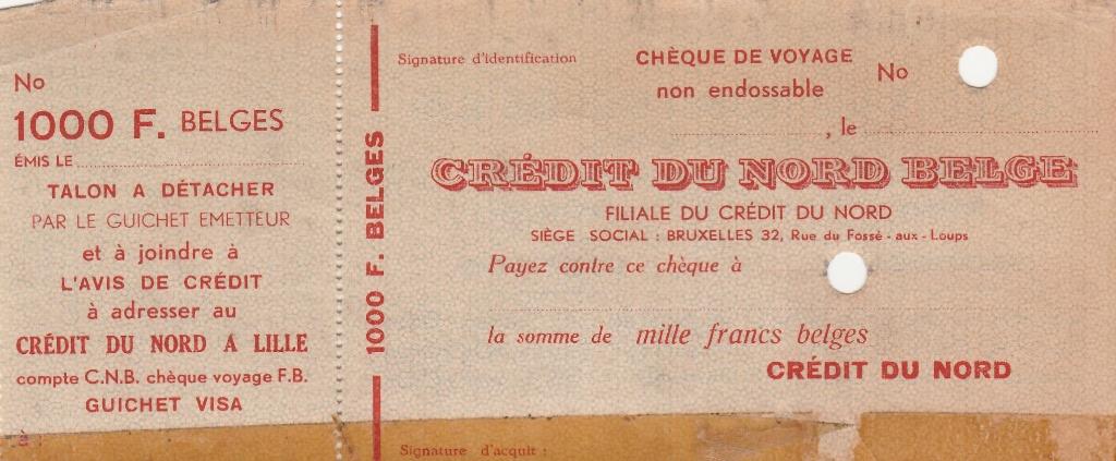CHEQUE DE VOYAGE 1000F BELGES CREDIT DU NORD, Verzamelen, Ophalen of Verzenden, Gebruikt