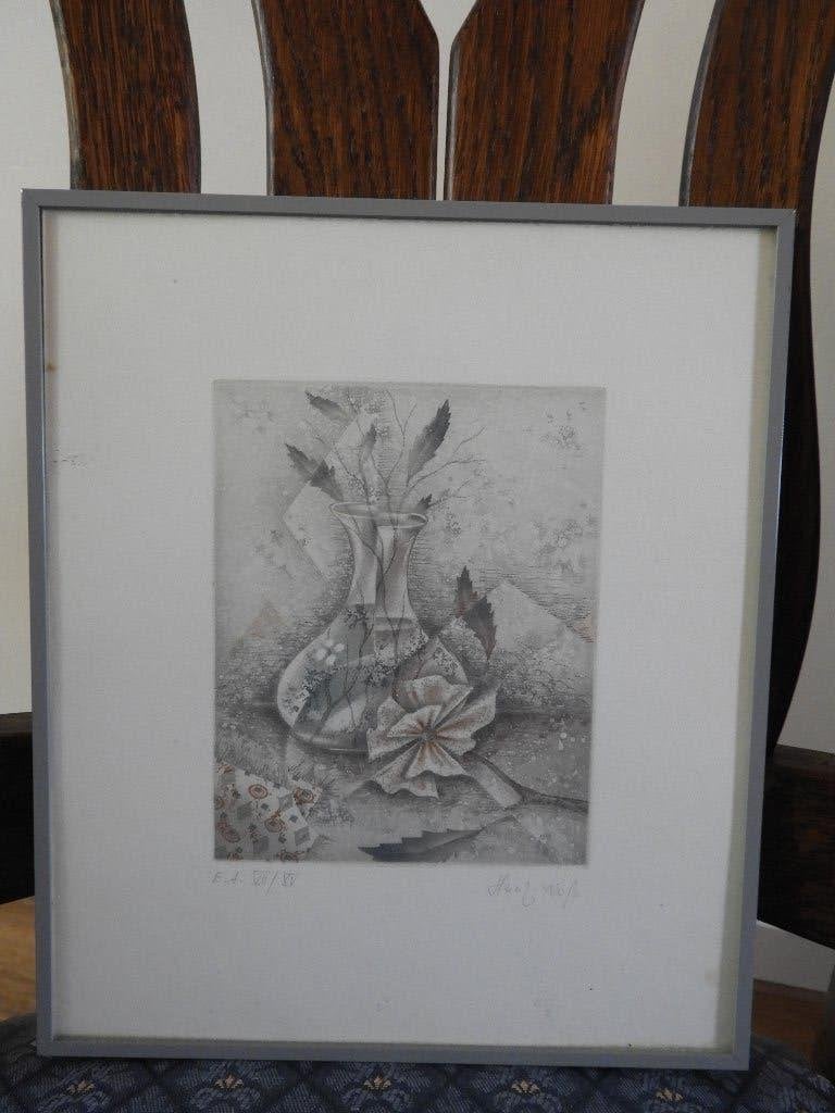 Ets, bloemen in vaas - Gesigneerd - Heinz Voss, Antiek en Kunst, 26 cm, Ingelijst, 22 cm, Ophalen of Verzenden