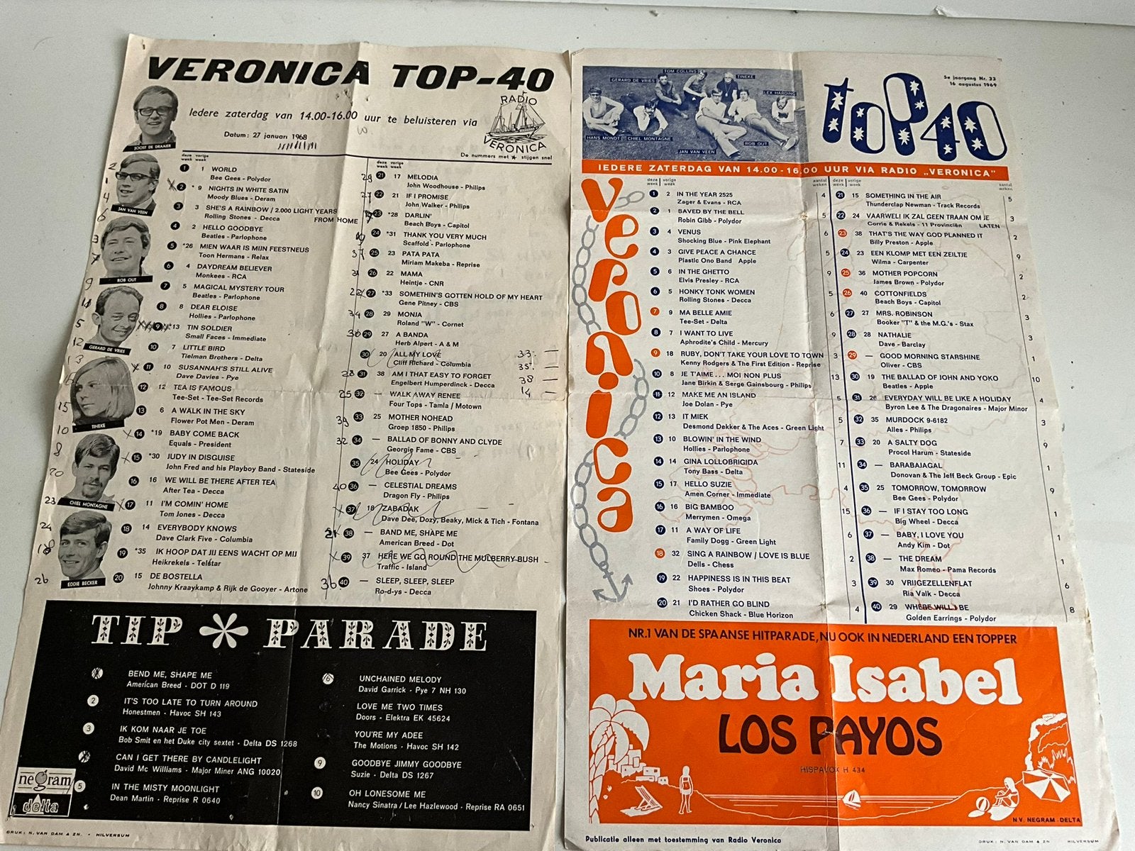2 originele top 40 lijsten uit de beginperiode van Veronica, Ophalen of Verzenden, Gebruikt, Boek, Tijdschrift of Artikel