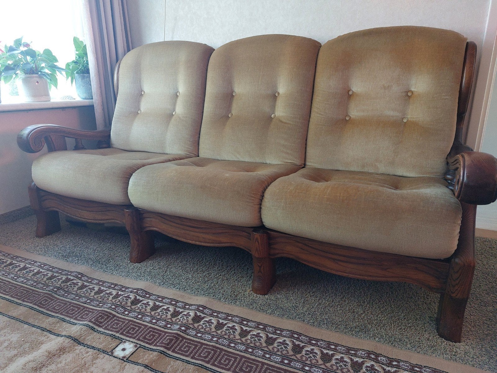 Eiken 3-zitsbankstel met 2 bijpassende stoelen, Huis en Inrichting, Ophalen, Gebruikt, Stof, Klassiek