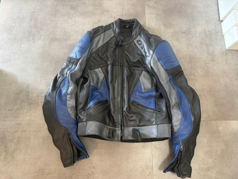 OTW Leren Motorjas - Zwart/Blauw/Grijs, Ophalen of Verzenden, Tweedehands, Jas | leer